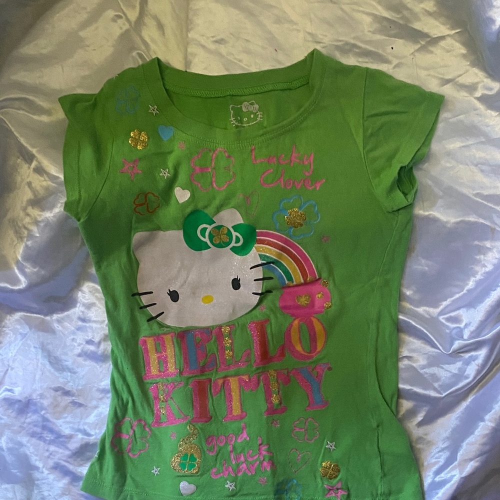 Hello Kitty Green Tee with Rainbow Graphic and Glitter
